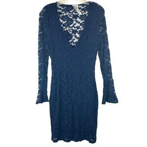 FREE PEOPLE LADIES REIGN OVER ME LACE MINI DRESS LARGE BLUE WHIMSY GOTH OB484377